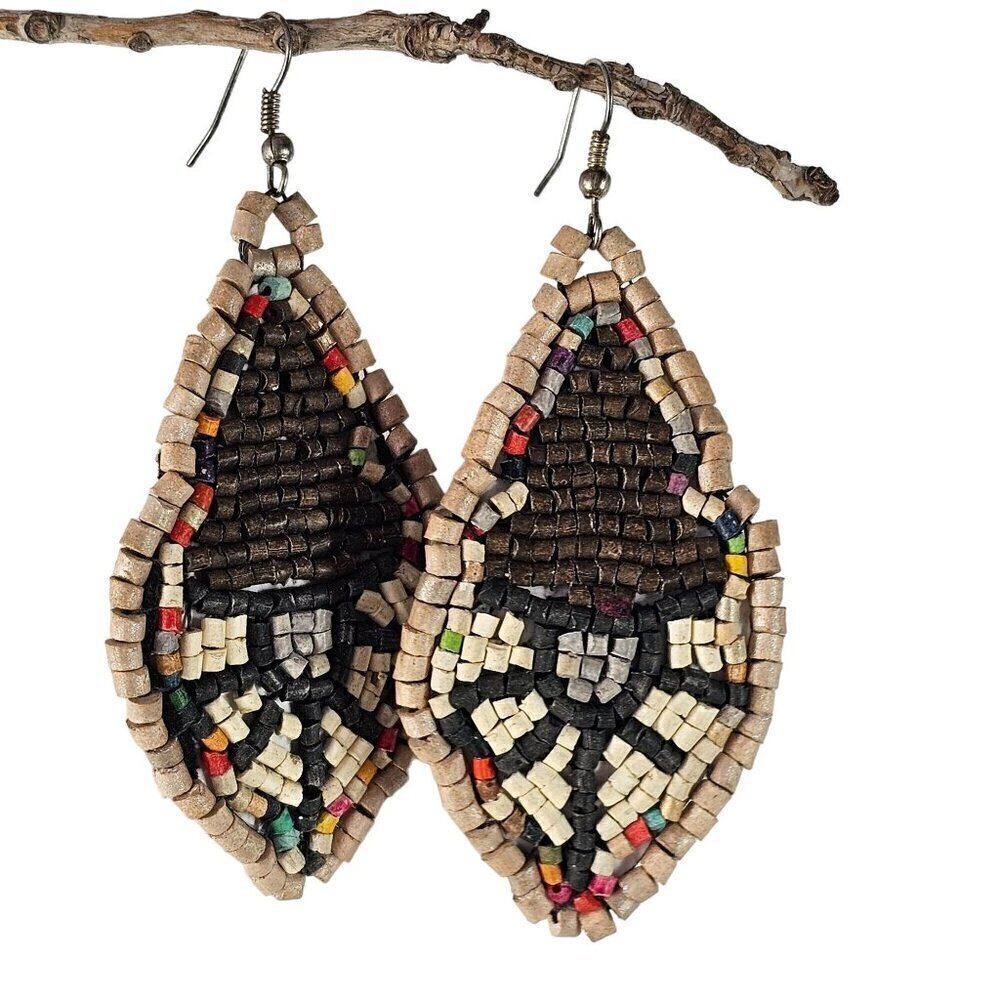 Wood Beaded Dangle Earings Leather Back Handmade Brown Multicolor Silver Tone